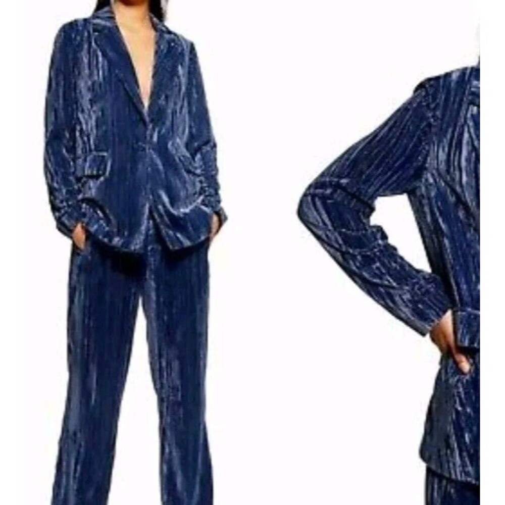 Topshop Navy Blue Velvet Pinstripe Blazer & Trousers Set